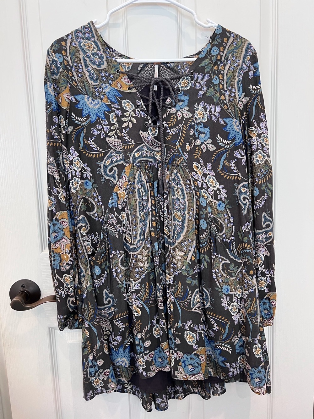 Free People Black Paisley Tunic Dress with Blue and Tan Floral Accents